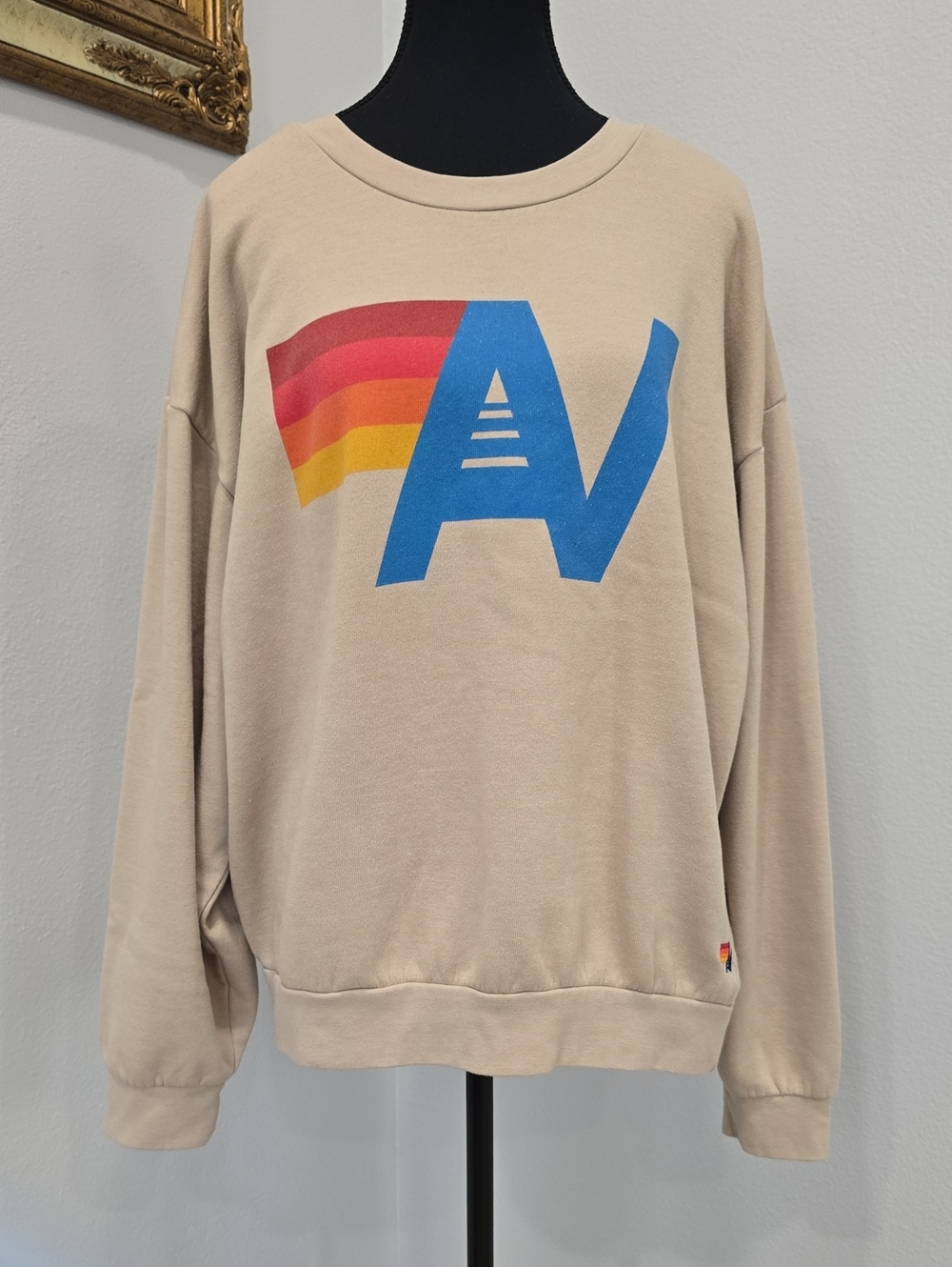 Aviator Nation Beige Crewneck with Blue AV and Rainbow Stripe